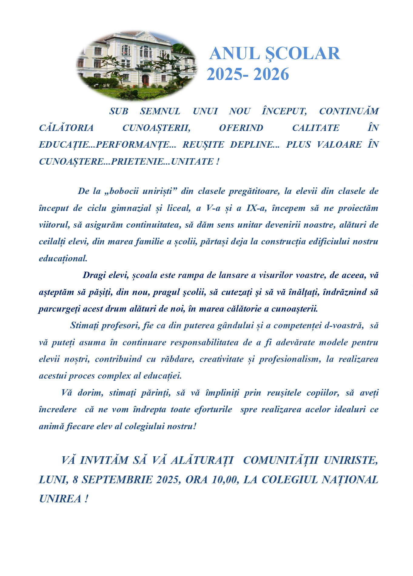 Mesaj de început de an școlar 2025-2026